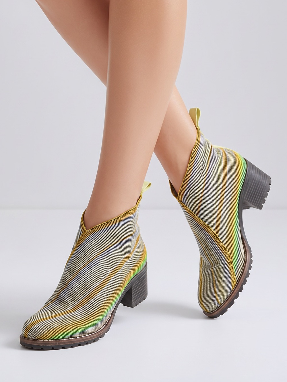 Slip On Ankle Boot Multicolor V Cut Striped Rainbow Boho Artsy Yellow Size 8-8.5